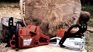 Stihl MS 261 (ported muffler) versus Husqvarna 365 Special (stock) - same bar (90cm) / same chain