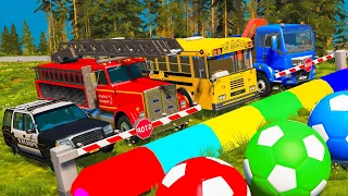 Double Flatbed Trailer Truck rescue Cars - Cars vs Stairs Colors - Cars vs Deep Water