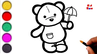 Teddy Bear with Umbrella Drawing and Coloring for Kids, Toddlers | How to Draw Teddy Bear #28 Kidzaw