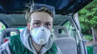 Day 2 | Stealth minivan Conversion / Removing Seat Belts, Spray Foam, and Cleaning. VAN LIFE VLOG