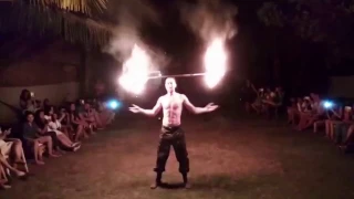 Arsen Bogachov (Arcama - Spiritual Fire Show): dragon staff and double staff performance/Goa 2017