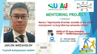 Javlon Mirzaholov Yaponiyada Grantlar asosida ta'lim olish va Management&Accounting sohasida ishlash