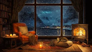 Cozy Room Lakeside ❄ Winter Jazz, Crackling Fireplace & Snowstorm Sounds to Relaxation 4K