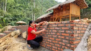 Single girl, wall construction technique using red bricks, cement and sand