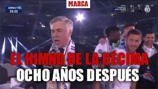 Ancelotti lo volvió a hacer: volvió a cantar el himno de la Décima en el Bernabéu