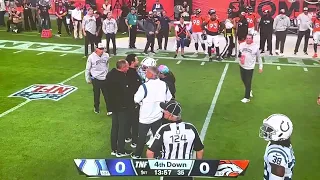 Nyheim Hines injured concussion exits game after big hit. Falls down after hit. Broncos vs Colts