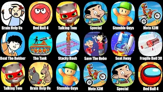 Brain Help Us Tricky,Red Ball 4,Talking Tom Hero Dash,Special Delivery,Stumble Guys,Moto X3M