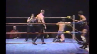 The Road Warriors vs  Jacques & Armand Rougeau + Masked Superstar interview (1985)