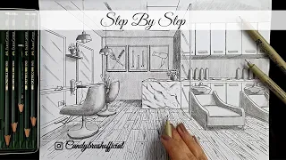 How to Draw Hair Salon In One Point Perspective | Step By Step