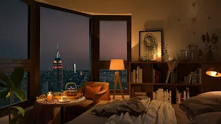 4K Cozy Bedroom with a Night View of the New York City - Relaxing Jazz Piano Music to Sleep, Work