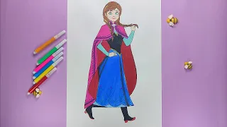 Draw and Color the Brave and Romantic Queen Anna from Frozen Character - easy drawing step by step