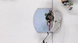 Devan Dubnyk alertly leaves the dislodged net for an extra attacker