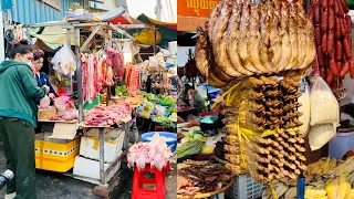 Cambodian Routine Fresh Food in Morning & Evening- Big Dried Fish, Palm Sugar, Pork, Lemon & More