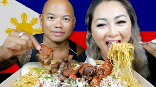 Filipino FOOD *BBQ Chicken, Pancit Canton, Crispy Pata, Pork Sisig Mukbang  | N.E Let's Eat