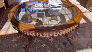 Stunning 4.5' Round Coffee Table Gilt Brass Ormolu Mounts Glass Top Considered To Be Maitland-Smith