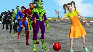 Game 5 Superheroes : Spiderman vs Hulk vs Batman vs Iron Man and Squid Game Bowling Skills Challenge