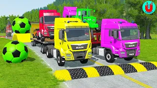 Double Flatbed Trailer Truck vs Speedbumps Train vs Cars | Tractor vs Train Beamng.Drive 022