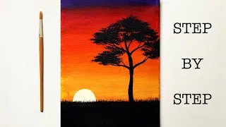 Easy Sunset for Beginners | Acrylic Painting Tutorial Step by Step ( ENG SUB )