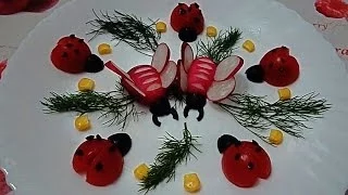 Пчелки из редиски и божьи коровки из помидор! Украшения из овощей. Decoration of Vegetables.