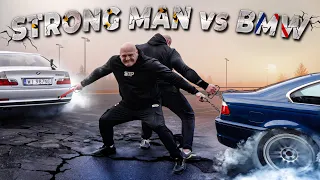 Showdown: Strongmen vs Cars | Drifting an old BMW with Europe's Champion! | Rolls Royce Tows E46's!