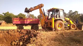 JCB 3dx Backhoe Making Farm with Loading Red Mud in Mahindra Tractor Tata 2518 Truck and #15