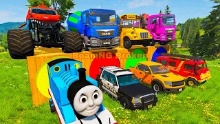 LONG CARS vs SPEEDBUMPS - Big & Small Long Mcqueen with Monster Truck Wheels vs Thomas Trains