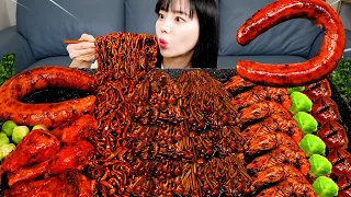 [Mukbang ASMR] Spicy Jjajang 🔥 Fried Chicken Enoki Mushrooms Fire noodles Seafood Recipe Ssoyoung