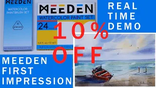 MEEDEN FIRST IMPRESSION | Product Review + Real Time Full Watercolor Painting Seascape Demonstration