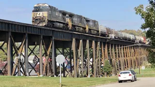 Gigantic Railroad Trestle In 2 States!  3 Trains Cross Railroad Bridge From Ohio Into West Virginia!