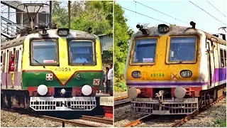 Different colored speedy aerodynamic EMU trains of Eastern railway