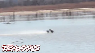 Traxxas E-Maxx Brushless Edition Hydroplanes Across a Lake