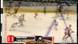 Ron Sutter buried by Nick Fotiu Philadelphia Flyers vs New York Rangers