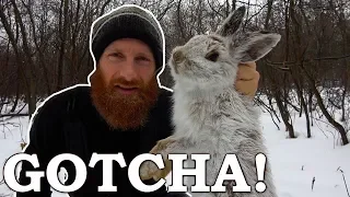 Rabbit LIVE CATCH in (Real Time!) | Snare, Catch, Cook, Clean Snowshoe Hare!