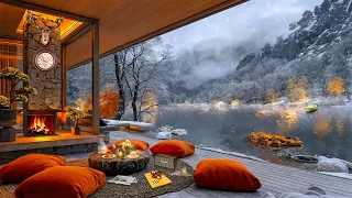 Relaxing Jazz Music the Cozy Porch Ambience☕Snowfall The Lakeside ⛄ Sound of a Crackling Fireplace🔥