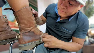 DR. MARTENS BROWN BOOTS TRANSFORMATION!!! Street Shoe Shine by Machine Man in Mexico City 🇲🇽 ASMR