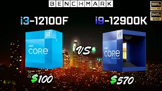 Intel i3 12100F vs i9 12900K // Benchmark // Test in 7 Games