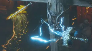 Mjolnir (Thor's Hammer) Vs Ingrid (Freyr's Sword) Fight In Black Thunder Pub - God Of War: Ragnarök