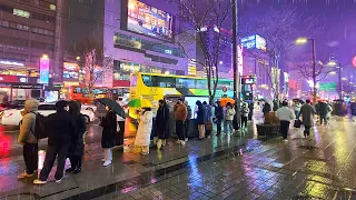 4K Winter Rain Walk in Gangnam, Seoul | Binaural City Sounds Snow and Rain Ambience