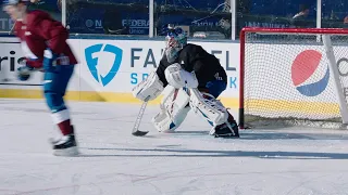 Colorado Avalanche goalie Philipp Grubauer wears a GoPro during Stadium Series practice