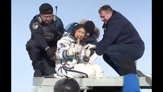 Christina Koch and crewmates exit Soyuz spacecraft after landing