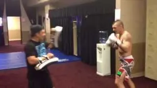 John Wayne Parr showing us a jab, fake hook, to a heel kick