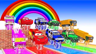 Fountain Crossing With McQueen Monster, Tractor, School Bus, Fire Truck 3D Vehicles Game Challenge