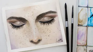 Watercolor girl face painting - woman eyes and nose painting + FREE sketch