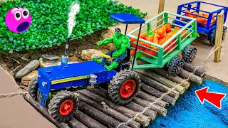 Diy tractor making mini wooden bridge very unique | Tractor with trailer full carrots | @FarmModel