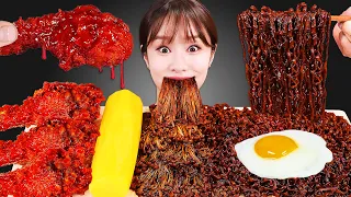 🍜Spicy chicken Black bean noodles Enoki Mushroom Mukbang🍜양념치킨 짜장 팽이버섯 짜장라면 먹방 JiniYum