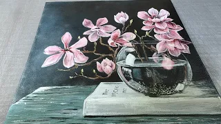 Pink Flowers in Glass Vase Acrylic Painting ||Step-by-Step Acrylic Painting