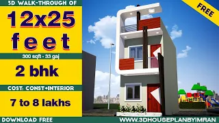 12x25 House plan with Interior & Elevation complete 300 sqft House Design No-114