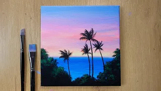 Acrylic Painting Sunset Beach Palm Trees | Simple Sunset Painting on Canvas