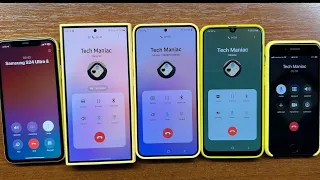 Yellow iPhone 11 Calls Samsung S24U, S24+, A50 & iPhone 7 in Yellow Cases. Incoming Call +Conference