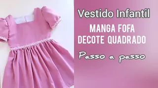 Como fazer Vestido Infantil Fácil e Rápido  manga Fofa,  Embutir a manga,  Decote Quadrado